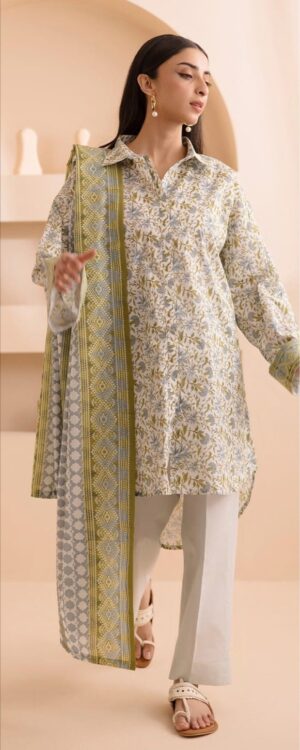 Zellbury Lawn Unstitched – White Floral Shirt with Geometric Dupatta